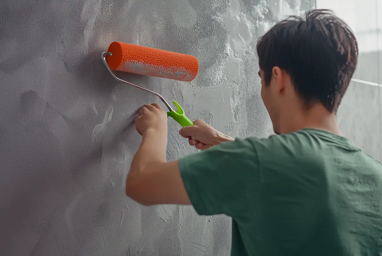 Homme avec rouleau orange appliquant vernis pour béton ciré sur mur